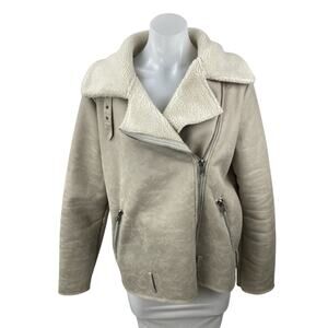 Brooklyn Karma Women's White Ivory Faux Sherpa Zip Aviator Coat Jacket Size M